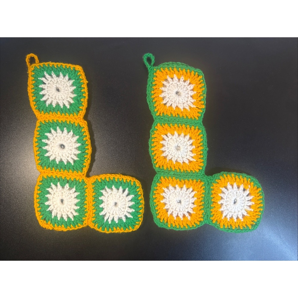 2 - Vintage 12" Handmade Yellow Green  Crochet Granny Square Christmas Stockings